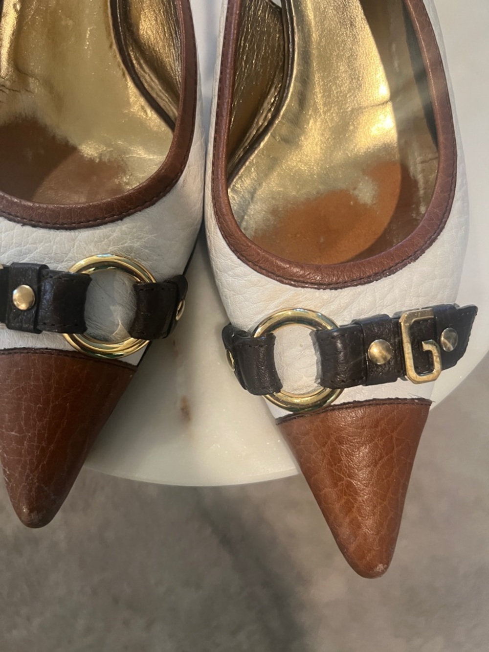 White and Brown Pointed Slingback Heels with Gold Hardware - Picture 2 of 5